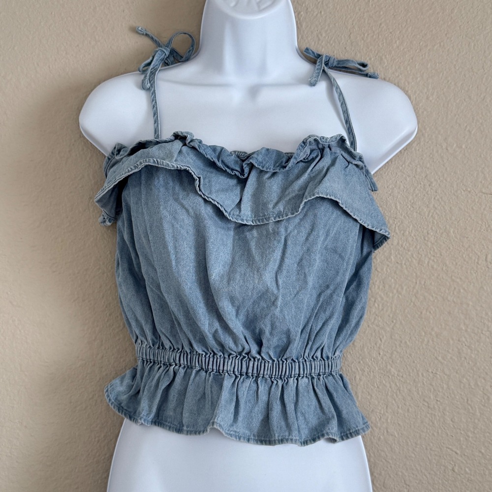 American Eagle Small Blue Chambray Milkmaid‎ Coquette Bow Tank Festival Dainty